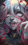  1girl absurdres artist_name blood blood_on_face blood_on_mouth briar_(league_of_legends) colored_sclera colored_skin fingernails gradient_hair granitgrey_art green_nails grey_hair hair_between_eyes highres league_of_legends long_hair multicolored_hair open_mouth pale_skin pink_hair portrait red_sclera sharp_fingernails sharp_teeth smile solo teeth two-tone_hair vampire white_eyes 