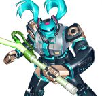  blew_andwhite blue_eyes blue_hair floating_hair fusion glowing glowing_eye gundam hatsune_miku holding holding_weapon mecha mobile_suit mobile_suit_gundam no_humans one-eyed robot science_fiction simple_background twintails vocaloid weapon white_background zaku_ii 