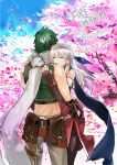  bare_shoulders blue_sky cherry_blossoms closed_eyes couple fire_emblem fire_emblem:_radiant_dawn green_hair hetero hug micaiah_(fire_emblem) nanathuika sky sothe_(fire_emblem) white_hair 