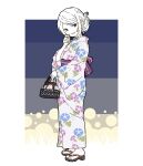  1girl absurdres bag blue_background border floral_print from_side geta gradient_background hair_bun head_tilt highres holding holding_bag japanese_clothes kimono looking_at_viewer morning_glory_print nonnki obi original outside_border sandals sash sidelocks smile white_border yukata 