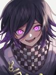  1boy :d absurdres black_hair blush checkered_clothes checkered_scarf danganronpa_(series) danganronpa_v3:_killing_harmony fangs grey_jacket hair_between_eyes highres jacket looking_at_viewer male_focus medium_hair oma_kokichi pink_eyes portrait purple_hair scarf simple_background smile solo teeth tongue urami0310 white_background 