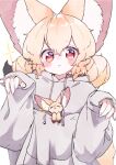  1girl :3 animal animal_ear_fluff animal_ears blonde_hair blush_stickers closed_mouth commentary_request double_bun drawstring fennec_fox fox_ears fox_girl fox_tail grey_hoodie hair_between_eyes hair_bun hands_up highres hood hood_down hoodie long_sleeves looking_at_viewer megateru original puffy_long_sleeves puffy_sleeves red_eyes simple_background sleeves_past_wrists smile solo tail upper_body white_background 