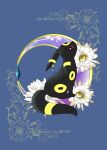  absurdres animal_ear_piercing animal_focus blue_background crescent earrings flower highres jewelry looking_at_viewer looking_back pokemon pokemon_(creature) red_eyes simple_background single_earring sitting solo umbreon white_flower yuizu3yuuki 