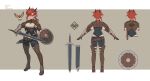  1girl armor belt belt_buckle bird boots breasts buckle commentary demon_girl demon_horns dpin_(user_adhr8855) english_commentary english_text full_body highres holding holding_shield holding_sword holding_weapon horns looking_at_viewer medium_breasts multiple_views orange_eyes original pointy_ears redhead reference_sheet sheath shield silka_(dpin) slit_pupils standing sword thigh_boots weapon 