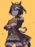  1girl ahoge animal_ears black_hair bob_cut breasts brown_skirt cowboy_shot detached_sleeves hair_ribbon highres horse_ears horse_girl horse_tail kitasan_black_(umamusume) medium_breasts mitsune_(3chune) multicolored_hair orange_background pleated_skirt red_eyes red_ribbon ribbon short_hair simple_background skirt smile solo streaked_hair tail thigh-highs two-tone_hair umamusume white_hair 