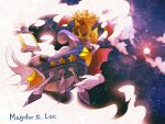  1boy belt belt_buckle blue_belt buckle cape character_name closed_mouth clouds commentary_request disembodied_limb gleam gloves gold_headwear half-closed_eyes horns hugging_object kirby_(series) lor_starcutter magolor male_focus mast master_crown oar planet red_cape red_eyes red_horns scarf ship shirushiki smile space spacecraft star_(sky) star_(symbol) star_print two-tone_background watercraft white_background white_gloves white_scarf white_wings wings 