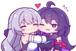  2girls ahoge aya_chan1221 black_gloves bronya_rand closed_eyes closed_mouth commentary detached_sleeves elbow_gloves english_commentary facing_viewer gloves grey_hair heart honkai:_star_rail honkai_(series) hug long_hair multiple_girls one_eye_closed open_mouth purple_hair seele_(honkai:_star_rail) simple_background smile split_mouth upper_body violet_eyes white_background yuri 