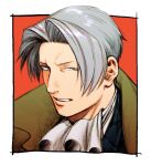  1boy ace_attorney ascot coat commentary_request grey_eyes grey_hair hair_intakes looking_to_the_side male_focus miles_edgeworth open_mouth portrait pupa_puuupa short_hair solo teeth white_ascot 