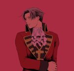  1boy ace_attorney ascot averting_eyes closed_mouth commentary english_commentary grey_hair hair_intakes hand_on_own_arm highres jacket long_sleeves male_focus miles_edgeworth pastecola pink_background red_jacket short_hair simple_background solo upper_body white_ascot 