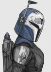  1girl absurdres armor beskar_armor blue_headwear bo-katan_kryze breastplate full_armor grey_background helmet highres jetpack mandalorian radio_antenna shoulder_armor solo star_wars tumubar117 