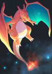  absurdres amazumi blue_eyes charizard claws commentary_request fangs fire flame-tipped_tail highres looking_down night no_humans outdoors pokemon pokemon_(creature) solo 