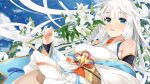  1girl ayakashi_rumble! bare_shoulders fingernails flower holding holding_flower japanese_clothes kimono kinoshita_sakura long_hair nagi_(ayakashi_rumble!) obi sash short_kimono smile solo very_long_hair white_flower white_hair wind wind_lift 