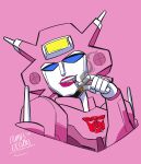  1girl absurdres autobot blue_eyes cigar cigarette colored_skin dumbdelvon elita_one helmet highres humanoid_robot looking_at_viewer mechanical_parts pink_background pink_lips robot smoking solo transformers upper_body white_skin 