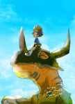  blue_sky brown_hair child claws closed_eyes closed_mouth clouds cloudy_sky dated digimon digimon_(creature) digimon_adventure dreamearth fangs greymon hair_between_eyes happy highres horns open_mouth size_difference sky yagami_taichi 