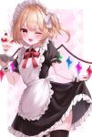  1girl ;d alternate_costume apron black_shirt black_skirt black_thighhighs blonde_hair cowboy_shot enmaided fang flandre_scarlet floating_hair frilled_apron frilled_skirt frills highres holding holding_plate long_hair looking_at_viewer maid maid_headdress miniskirt naarsann neck_ribbon one_eye_closed open_mouth parfait plate red_eyes red_ribbon ribbon shirt short_sleeves side_ponytail skirt skirt_hold smile solo standing thigh-highs touhou white_apron wings 