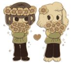  1boy 1other animal_feet asriel_dreemurr black_eyes black_footwear black_pants blunt_bangs blush_stickers bouquet brown_hair chara_(undertale) closed_mouth commentary cowlick english_commentary eyelashes floppy_ears flower furry furry_male green_sweater hair_flower hair_ornament head_wreath heart holding holding_bouquet long_sleeves memorisleep outline pants shoes short_hair single_stripe smile sparkle striped striped_sweater sweater transparent_background undertale white_fur white_outline yellow_flower 