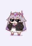  1girl absurdres black_jacket chibi dress full_body gem gradient_hair hands_in_pocket highres hololive hololive_english jacket koseki_bijou long_hair long_sleeves multicolored_hair phdpigeon purple_hair simple_background smile solo sunglasses tiara white_background 