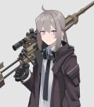  1girl absurdres ahoge black_gloves black_jacket black_necktie bolt_action brown_jacket cheytac_m200 closed_mouth collared_shirt commentary dress_shirt ear_protection expressionless gar32 girls_frontline gloves grey_background grey_hair gun hair_between_eyes highres holding holding_gun holding_weapon jacket long_hair looking_at_viewer m200_(girls&#039;_frontline) name_connection necktie object_namesake open_clothes open_jacket pink_eyes ponytail rifle scope shirt simple_background sniper_rifle solo upper_body weapon white_shirt 