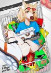  1girl absurdres alternate_costume animal_ears arknights blonde_hair blue_shirt box character_name closed_mouth doritos doughnut extra_ears eyewear_on_head food happy_birthday highres inu_to_milk looking_at_viewer mouth_hold orange_eyes pastry_box shirt shoes shopping_cart short_sleeves shorts sidelocks sneakers snickers_(brand) solo sunglasses tail twitter_username vermeil_(arknights) white_footwear 