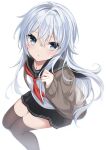  1girl absurdres black_sailor_collar black_skirt black_thighhighs blue_eyes blush brown_cardigan cardigan fathom feet_out_of_frame grey_hair hair_between_eyes hibiki_(kancolle) highres kantai_collection long_hair long_sleeves looking_at_viewer neckerchief open_cardigan open_clothes parted_lips pleated_skirt red_neckerchief sailor_collar school_uniform serafuku simple_background skirt solo thigh-highs white_background 