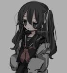  1girl :3 black_eyes black_hair black_sailor_collar black_shirt black_skirt closed_mouth grey_background grey_jacket hair_ribbon highres jacket long_hair necktie oniyamakei original red_necktie ribbon sailor_collar shirt simple_background skirt smile solo two_side_up upper_body white_ribbon 