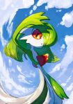  1girl alternate_hair_length alternate_hairstyle arm_at_side arm_up blue_background blue_sky clouds colored_skin commentary day flat_chest gardevoir green_hair green_skin hair_over_one_eye highres long_hair looking_at_viewer maemuki multicolored_skin one_eye_covered open_mouth outdoors pokemon pokemon_(creature) red_eyes shading_eyes sky solo sunlight two-tone_skin white_skin 