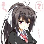  ... 1girl :t ? antenna_hair asagi_nanami blush brown_hair close-up commentary_request hair_between_eyes hair_intakes hair_ribbon highres jitome kawachino_suzuna long_hair looking_to_the_side necktie open_mouth ponytail pout red_necktie ribbon sakura_no_toki school_uniform solo spoken_question_mark translated v-shaped_eyebrows violet_eyes white_ribbon 