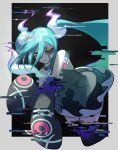  1girl aqua_hair bare_shoulders black_thighhighs detached_sleeves faesu floating ghost ghost_miku_(project_voltage) glitch gradient_hair grey_shirt hair_between_eyes hatsune_miku highres long_hair looking_at_viewer multicolored_hair necktie pale_skin pokemon project_voltage see-through see-through_skirt shirt skirt thigh-highs twintails very_long_hair vocaloid will-o&#039;-the-wisp_(mythology) yellow_eyes 
