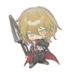  1girl :3 black_coat black_pantyhose blonde_hair blood blood_on_clothes blood_on_face boots brown_footwear chibi closed_mouth coat don_quixote_(limbus_company) holding holding_weapon lance limbus_company liyln02617464 long_sleeves necktie pantyhose polearm project_moon red_necktie shirt smile solo weapon white_shirt yellow_eyes 