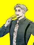  1boy animal_print eating food goggles highres holding holding_food holding_popsicle jujutsu_kaisen leopard_print long_sleeves male_focus nanami_kento necktie popsicle shirt short_hair solo suspenders teeth upper_body upper_teeth_only yellow_background yoreyore 
