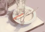  artist_name commentary cutting_board english_commentary fork glass grey_background kitchen knife no_humans object_focus original plate signature still_life temmie_chang 