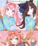  &gt;_&lt; 3girls absurdres agnes_digital_(umamusume) alternate_costume animal_ears black_hair blue_eyes blush bow hair_bow hair_ornament haru_urara_(umamusume) heart heart-shaped_pupils highres horse_ears horse_girl horse_tail japanese_clothes kimono mikumiku37 multiple_girls open_mouth pink_hair ponytail portrait rice_shower_(umamusume) saliva stick symbol-shaped_pupils tail tracen_ondo_(song) tracen_ondo_outfit_(umamusume) umamusume 