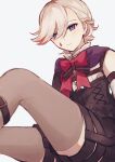  1boy bishounen bow bowtie genshin_impact grey_hair highres lyney_(genshin_impact) male_focus nekorin_chu red_bow red_bowtie short_hair shorts simple_background solo teardrop_tattoo thighs violet_eyes white_background 