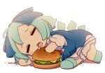  1girl absurdres bloomers blue_bow blue_dress blue_footwear blue_hair blush_stickers bow burger cirno closed_eyes dress drooling fairy food fumo_(doll) hair_bow highres ice ice_wings kame_(kamepan44231) open_mouth shirt shoes short_hair short_sleeves simple_background sleeping solo touhou underwear white_background white_bloomers white_shirt wings 