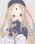  1girl abigail_williams_(fate) absurdres blonde_hair blue_eyes bow braid fate/grand_order fate_(series) gloves hair_bow hat highres holding_own_hair keyhole long_hair looking_at_viewer solo taku_hanamiyap 