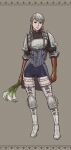  1girl armor boots braid breastplate earrings food full_body gloves grey_eyes grey_hair jewelry long_hair looking_at_viewer ravness_loxaerion shoulder_armor single_earring solo tactics_ogre thigh-highs thigh_boots twin_braids vegetable windcaller 