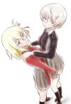  2girls alternate_costume black_socks blonde_hair blue_eyes blush breasts closed_mouth cosplay girls_und_panzer hair_ribbon highres hiyama_yuu_(wee259hiyama) hug inoue_takina inoue_takina_(cosplay) looking_at_viewer lycoris_recoil lycoris_uniform multiple_girls nishikigi_chisato nishikigi_chisato_(cosplay) oshida_(girls_und_panzer) ribbon school_uniform short_hair simple_background small_breasts socks white_background youko_(girls_und_panzer) 