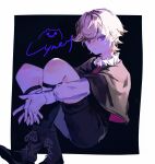  1boy absurdres bishounen boots capelet character_name crossed_legs fis6019 genshin_impact grey_hair highres lyney_(genshin_impact) male_focus own_hands_together short_hair shorts simple_background solo thighs violet_eyes 