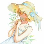 1girl bare_arms blonde_hair blue_bow bow closed_mouth don_quixote_(limbus_company) dress flower hands_up hat hat_bow highres leaf limbus_company liyln02617464 looking_at_viewer project_moon simple_background solo straw_hat sundress upper_body white_background white_dress white_flower yellow_eyes 