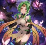  1girl black_shorts black_sleeves black_thighhighs breasts brown_eyes detached_sleeves elincia_ridell_crimea fire_emblem fire_emblem:_path_of_radiance fire_emblem_heroes green_hair hair_intakes haru_(nakajou-28) highres long_sleeves looking_at_viewer medium_breasts micro_shorts official_alternate_costume outdoors parted_lips short_hair_with_long_locks shorts sidelocks smile solo thigh-highs 