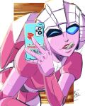  1girl absurdres arcee autobot backpack bag blue_eyes cellphone dumbdelvon glowing glowing_eyes highres humanoid_robot making_faces mechanical_parts one_eye_closed phone red_lips robot selfie smartphone solo tongue tongue_out transformers 