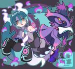  1girl bare_shoulders commentary_request crossover detached_sleeves dress eyelashes ghost_miku_(project_voltage) green_hair grey_dress hair_between_eyes hatsune_miku highres long_hair mismagius open_mouth outline pokemon pokemon_(creature) project_voltage sleeves_past_fingers sleeves_past_wrists sutokame thigh-highs twintails vocaloid watermark yellow_eyes 