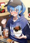  1girl baseball_cap blue_eyes blue_hair blush chopsticks eating food glass hat highres hololive hood hoodie hoshimachi_suisei looking_at_viewer manjirou_(manji_illust) sweat 