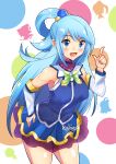  1girl absurdres aqua_(konosuba) aqua_eyes bare_shoulders blue_eyes blue_hair blue_shirt blue_skirt blush bow bowtie breasts detached_sleeves glowing glowing_eyes green_bow green_bowtie green_ribbon hair_ornament hair_rings hand_on_own_hip happy highres kainex19 kono_subarashii_sekai_ni_shukufuku_wo! long_hair looking_at_viewer no_panties open_mouth pointing pointing_up ribbon shirt single_hair_ring skirt smile smiley_face solo thigh-highs very_long_hair 