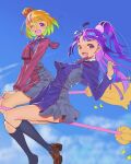  2girls ;d above_clouds asahina_mirai black_socks blonde_hair blue_dress blue_ribbon blue_sky bow broom broom_riding brown_footwear clouds commentary crescent day dress dress_shirt flying grey_dress hair_bow hair_ornament highres jj_(ssspulse) loafers long_hair long_sleeves looking_at_viewer lycoris_recoil lycoris_uniform mahou_girls_precure! multiple_girls neck_ribbon one_eye_closed one_side_up open_mouth outdoors pink_eyes pleated_dress pom_pom_(clothes) pom_pom_hair_ornament precure purple_hair red_bow red_dress red_ribbon ribbon shirt shoes short_dress short_hair sky smile socks star_(symbol) straight_hair two-tone_dress v_arms violet_eyes white_shirt 