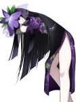  1girl ametama_(runarunaruta5656) black_gloves china_dress chinese_clothes cowboy_shot dress elbow_gloves floral_print flower flower_on_head gloves highres leaf_print long_hair looking_at_viewer orchid puffy_short_sleeves puffy_sleeves purple_dress short_sleeves solo touhou vine_print violet_eyes yomotsu_hisami 