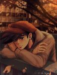  1boy artist_name ashita_no_joe autumn autumn_leaves black_hair blurry blurry_background brown_eyes brown_headwear brown_jacket building chihiro_(jnkch6) city closed_mouth commentary crossed_arms expressionless falling_leaves head_rest highres jacket leaf long_sleeves looking_afar looking_ahead male_focus outdoors short_hair sideburns solo thick_eyebrows tree yabuki_jou 