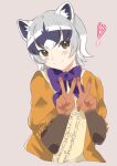  1girl animal_ears anniversary blush bow bowtie brown_eyes brown_gloves center_frills crab-eating_raccoon_(kemono_friends) double_v extra_ears frilled_sleeves frills gloves grey_hair highres kamisamanosaba kemono_friends looking_at_viewer multicolored_hair open_clothes open_shirt orange_shirt purple_bow purple_bowtie purple_hair raccoon_ears raccoon_girl shirt short_hair short_sleeves smile solo two-tone_gloves upper_body v white_hair white_shirt 