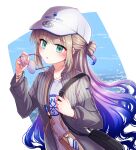  blunt_bangs brown_hair captain_nemo_(fate) colored_inner_hair eyewear_removed fate/grand_order fate_(series) green_eyes hat highres holding holding_removed_eyewear jacket long_hair low_wings multicolored_hair nemo_(fate) open_clothes open_jacket peaked_cap shell_ocean sidelocks wings 