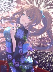  1girl :d aerial_fireworks aqua_eyes aqua_gemstone arched_back assault_lily black_kimono blurry blurry_background breasts brown_hair commentary cowboy_shot depth_of_field fingernails fireworks floating_hair floral_print from_side gem_hair_ornament hair_ornament hair_stick hands_up high_ponytail highres japanese_clothes kimono large_breasts light_blush long_fingernails long_hair long_sleeves looking_at_viewer looking_to_the_side nari_(mokemokenari) night obi official_alternate_costume open_mouth outdoors ponytail print_kimono railing sash serizawa_chikaru smile solo standing very_long_hair wide_sleeves 